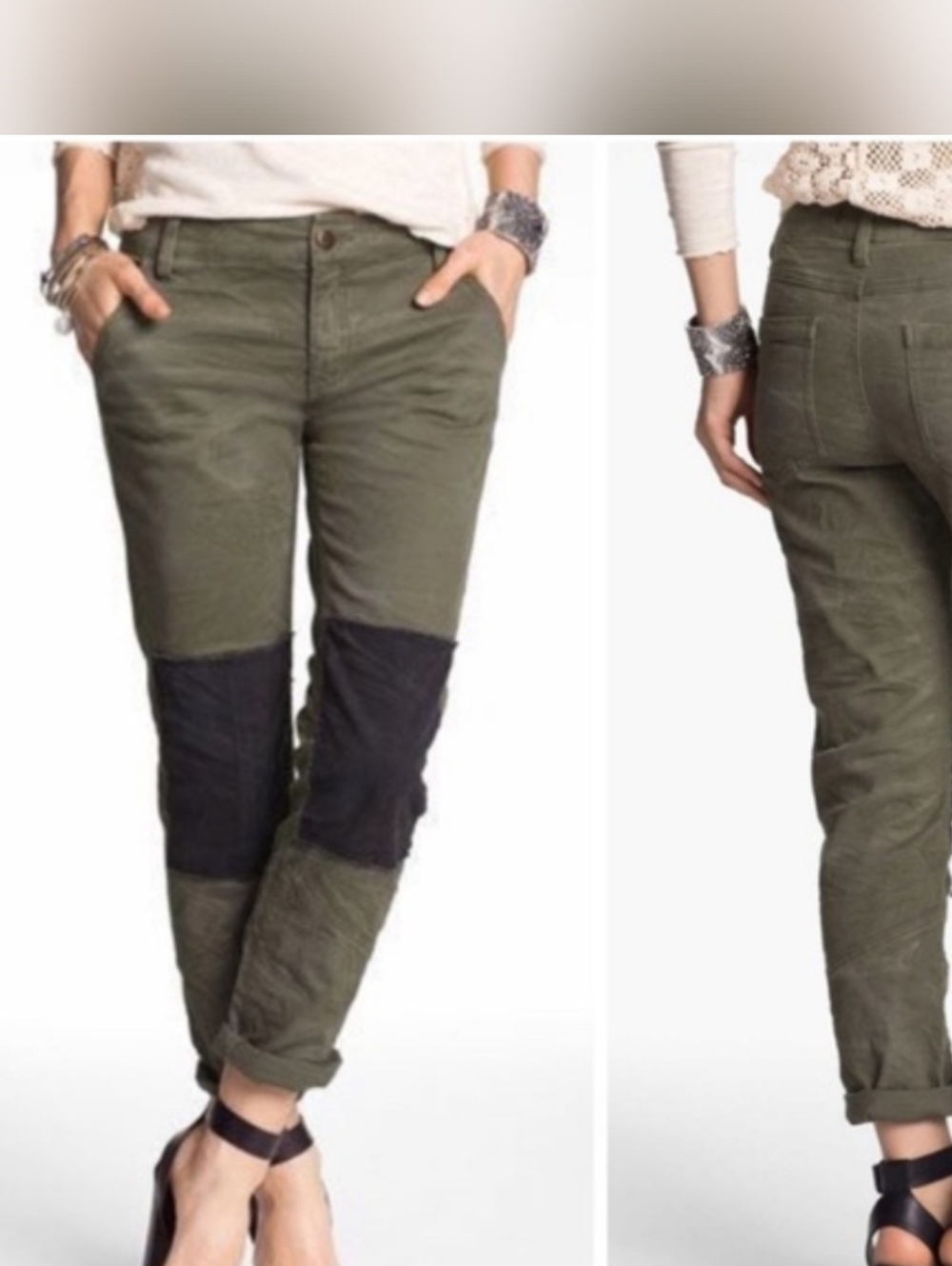 Free People Olive Green Moto Pants with Patchwork, Low Risr, Y2K, Size 2, Grunge